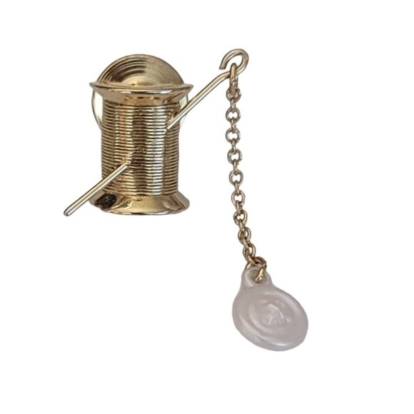 Avon Jewelry - Avon Gold Tone Needle Thread, Button Charm Dangle Lapel Scatter Pin, Signed K353